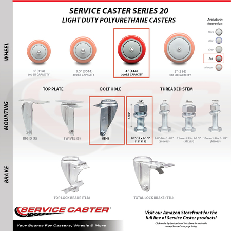 Service Caster 4 Inch SS Red Polyurethane Swivel ½ Inch Threaded Stem Caster Brakes SCC, 2PK SSTS20S414-PPUB-RED-TLB-121315-2-S-2